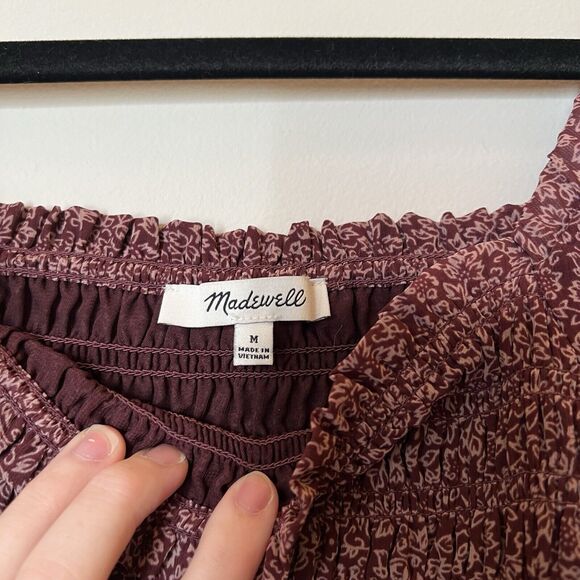Madewell Women's M Burgundy Floral Lucie Bubble Sleeve Smocked Top Blouse - Picture 4 of 5